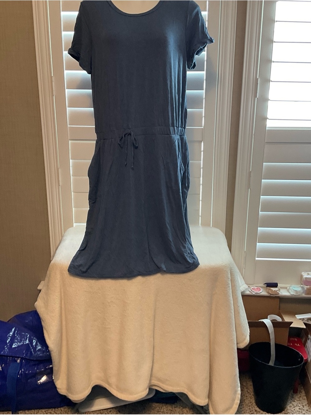 Casual Blue Midi Dress with Drawstring Waist